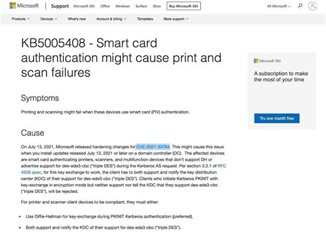 KB5005408—Smart card authentication might cause print and 